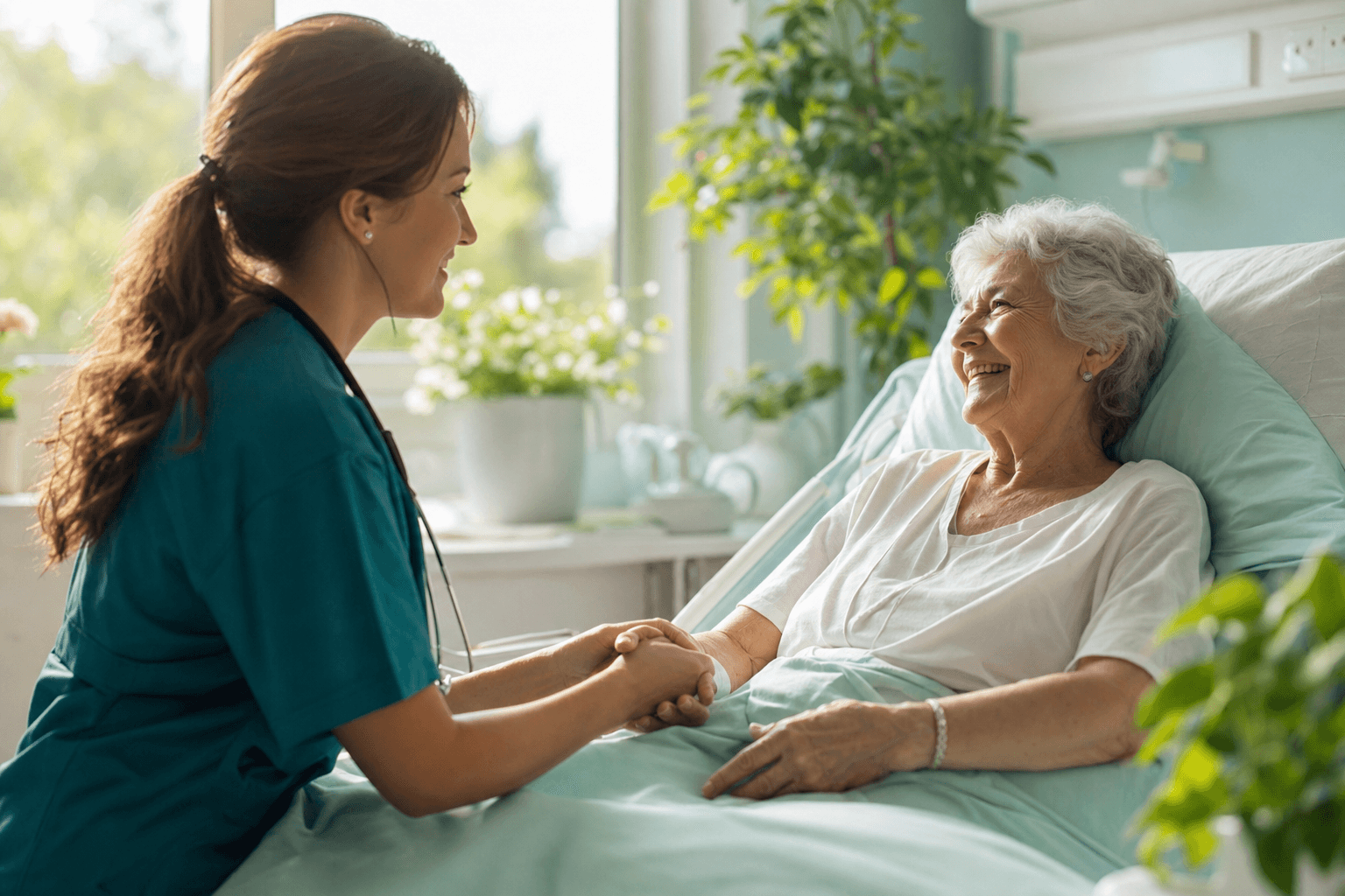 A nurse holding the hand of a smiling elderly patient in a bright hospital room
