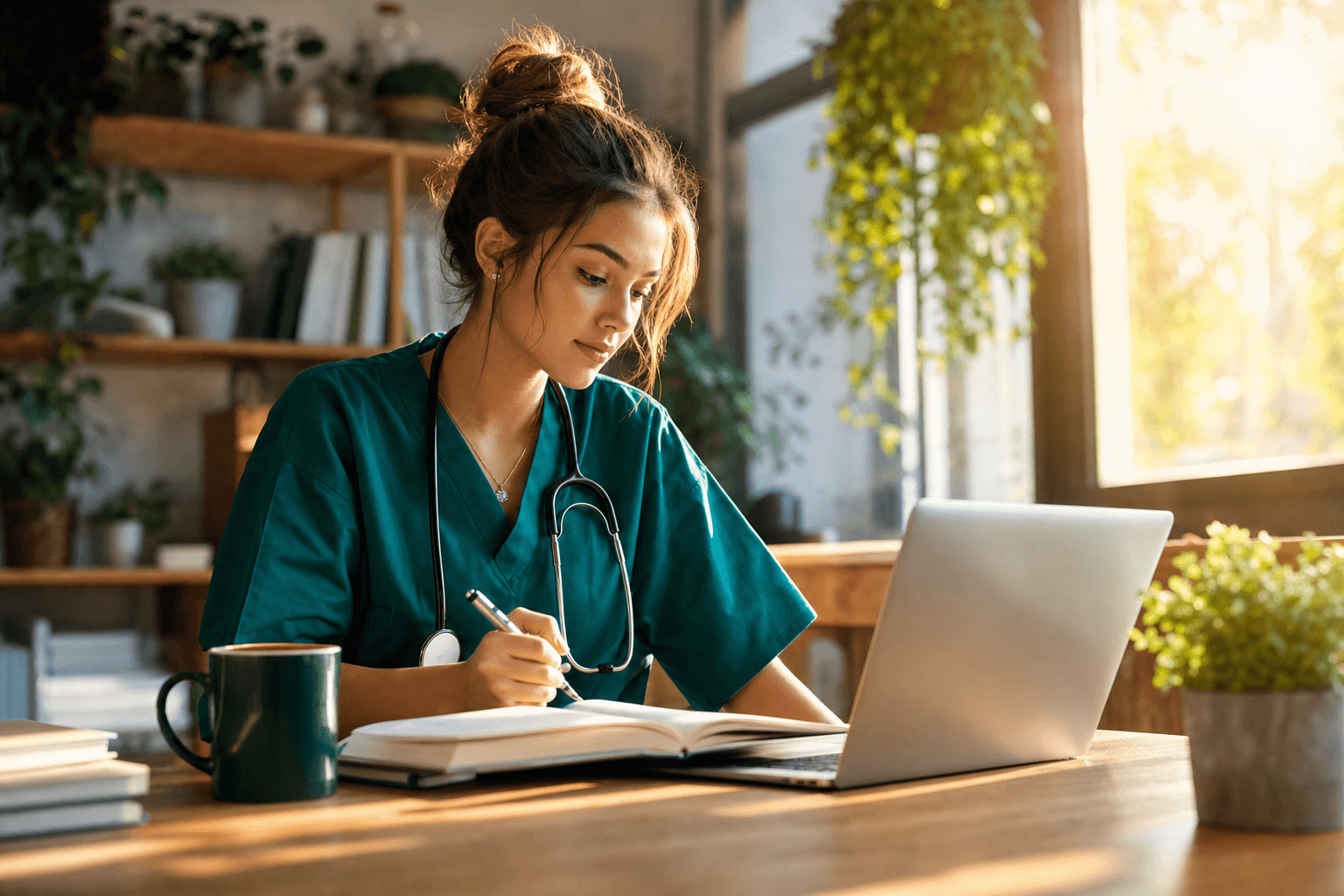 A nursing student studying at a bright, sunlit desk