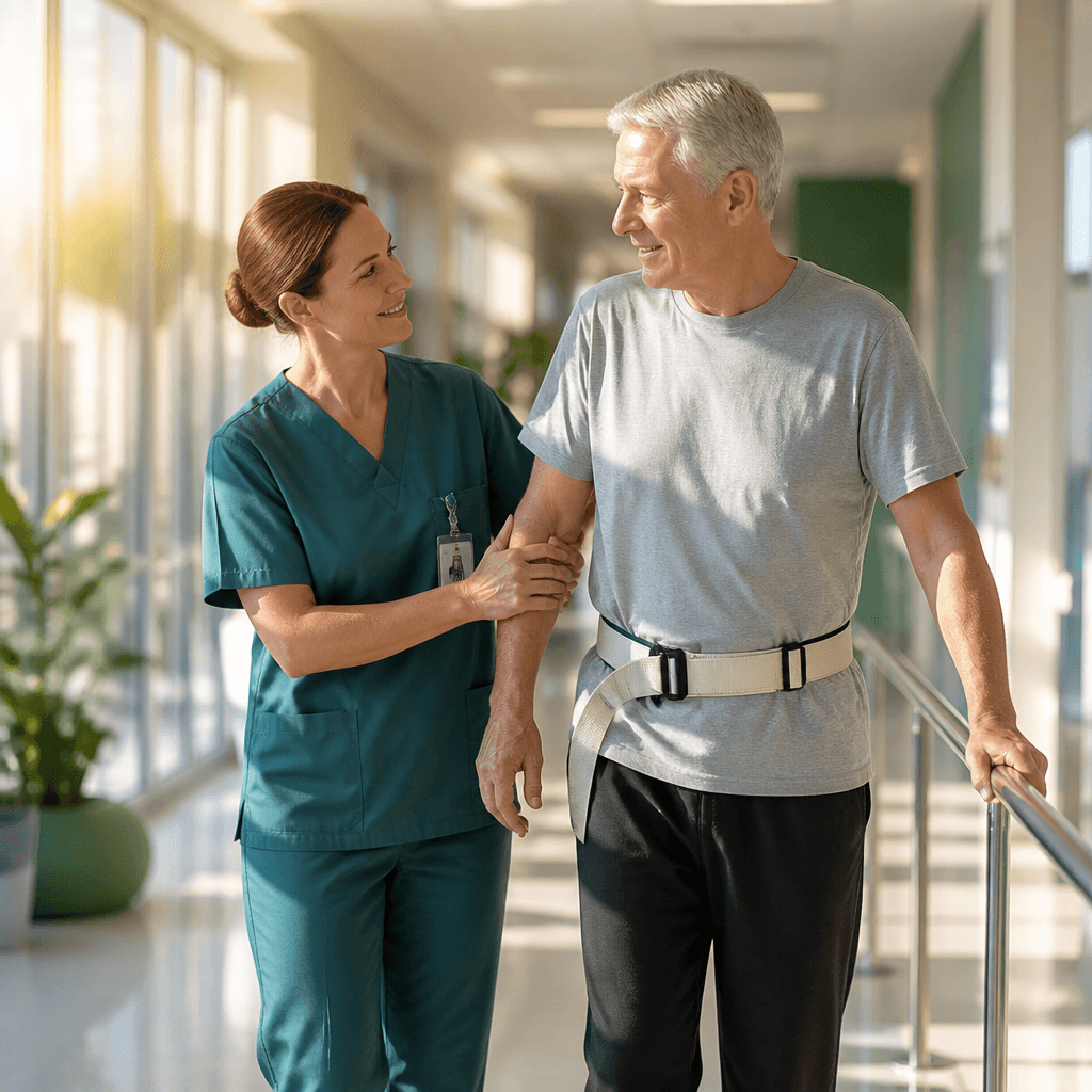 A nurse helping an older adult walk with a gait belt