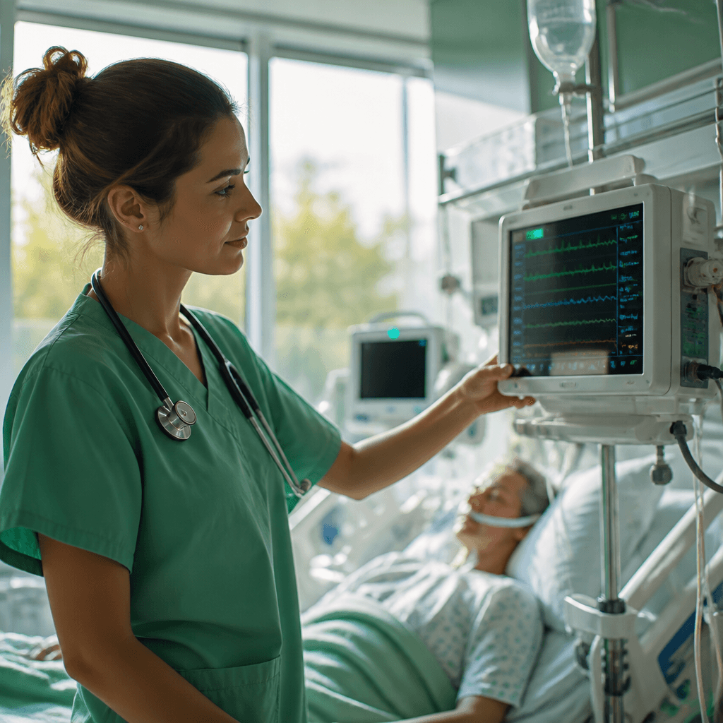 A nurse reviewing a bedside patient monitor