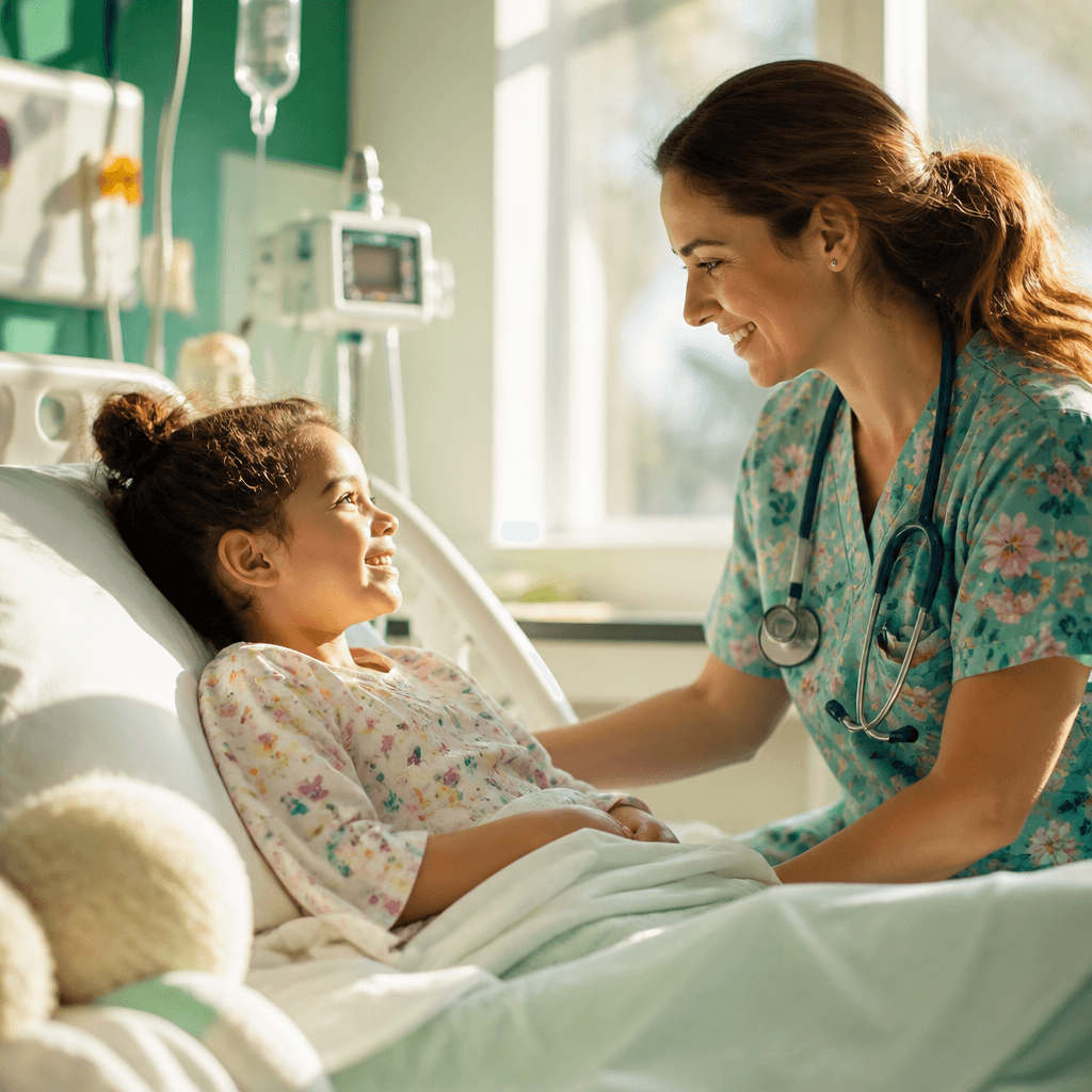 A nurse caring for a smiling child patient