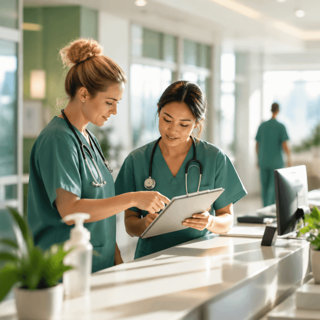 Two nurses collaborating at a nursing station