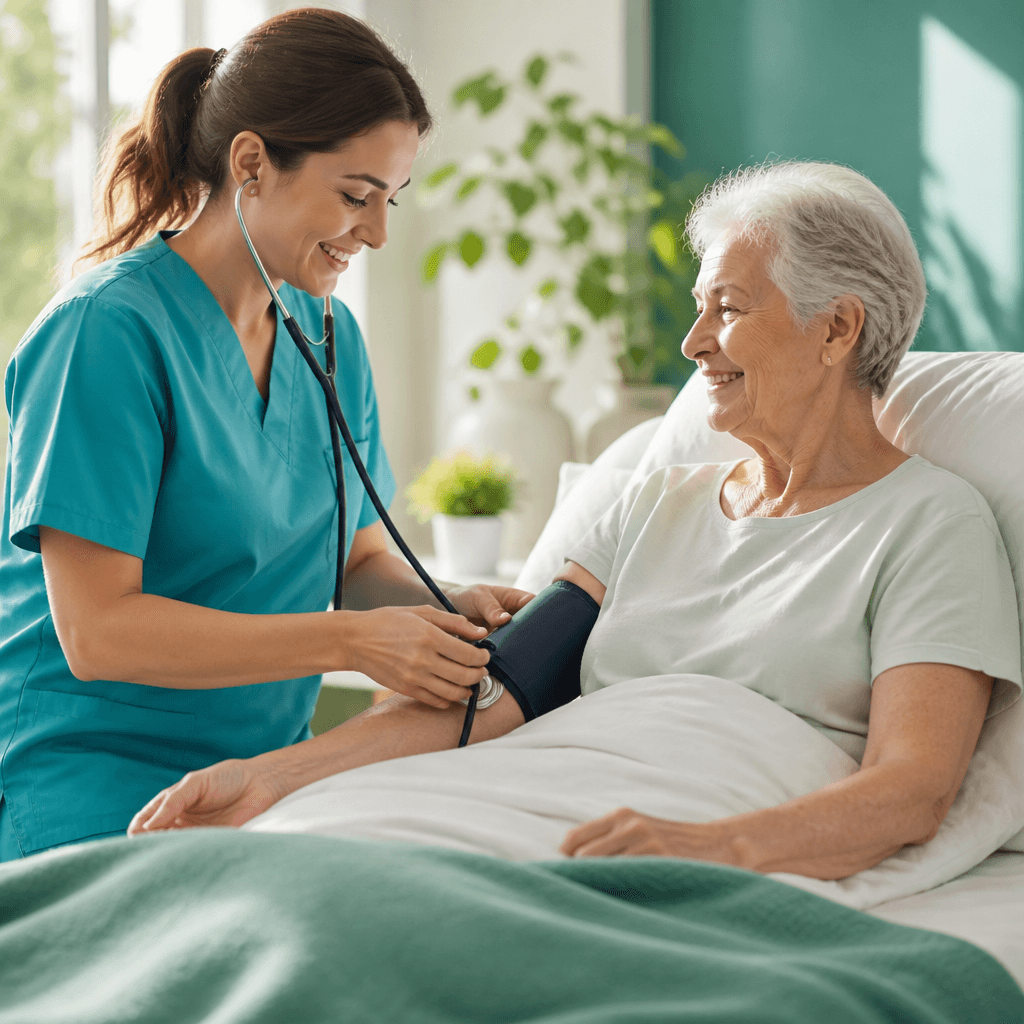 A nurse taking an elderly patient's blood pressure